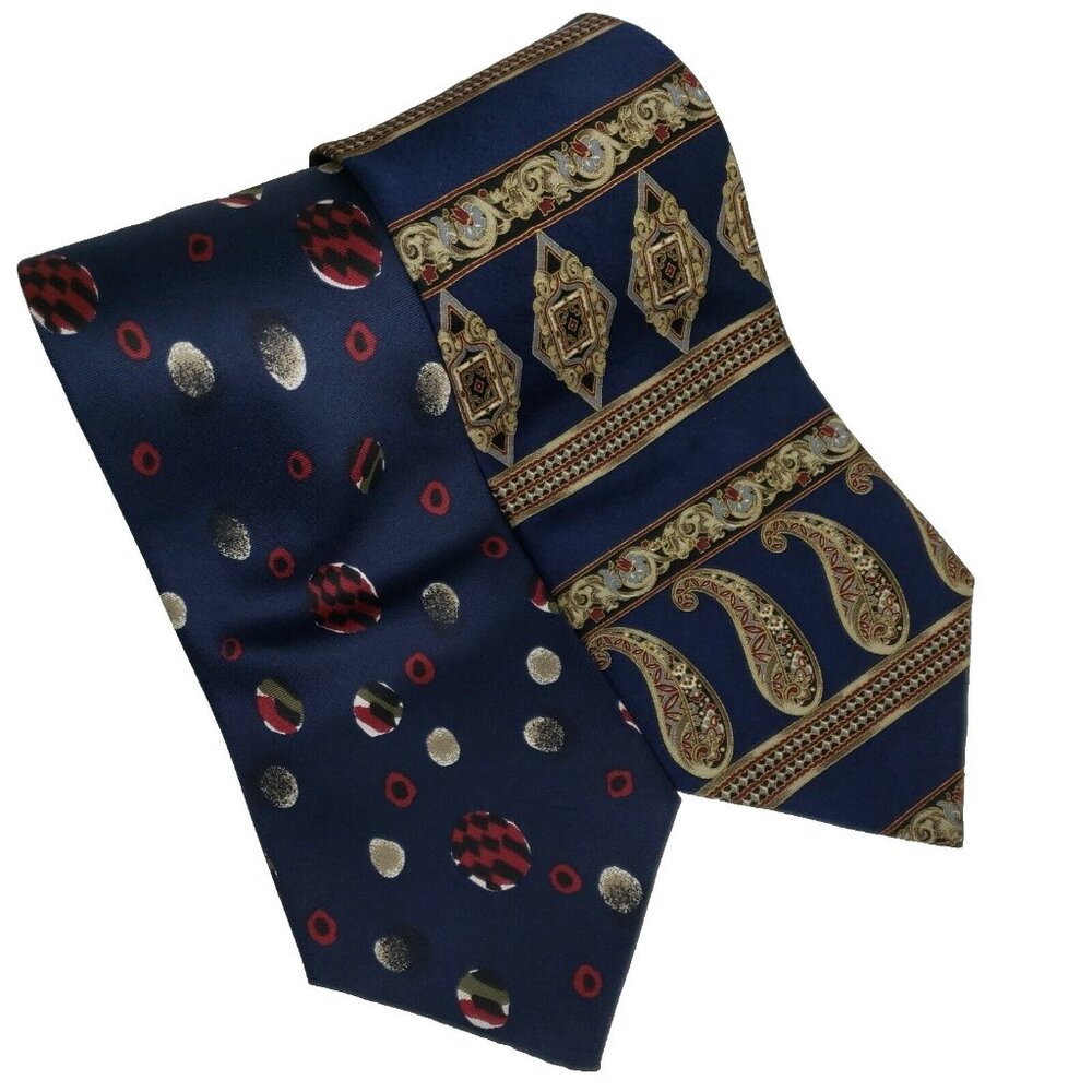 Don Loper Beverly Hills Tie Lot of 2 Italian 100% Silk Paisley Navy Spotted 60"